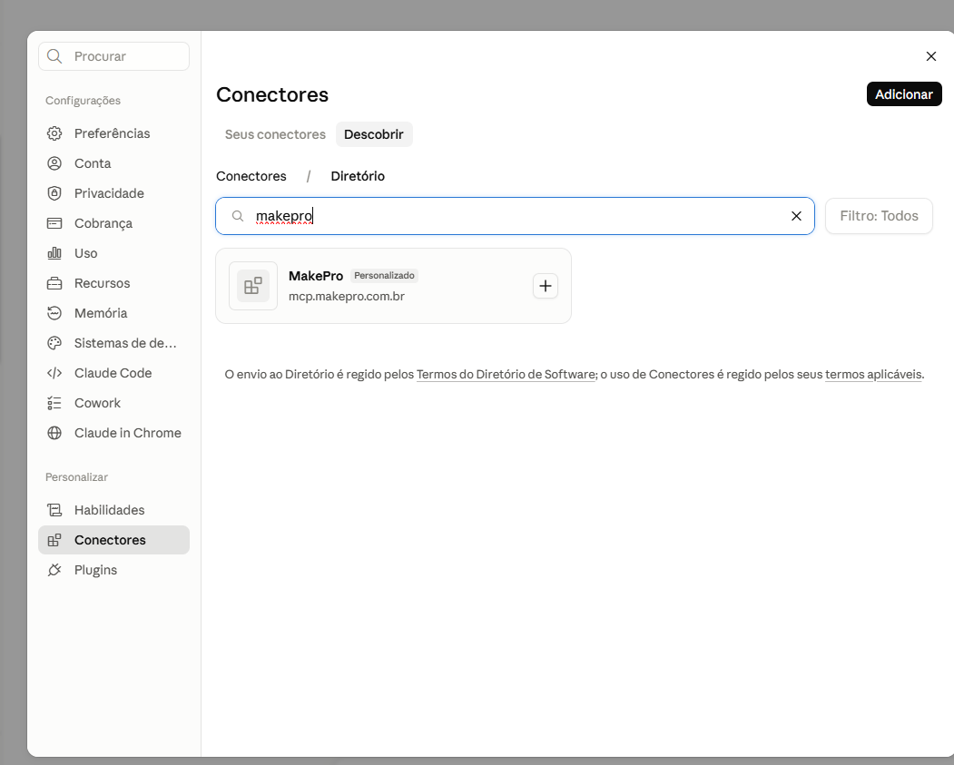 Configurações do Claude na seção Conectores, com a busca MakePro